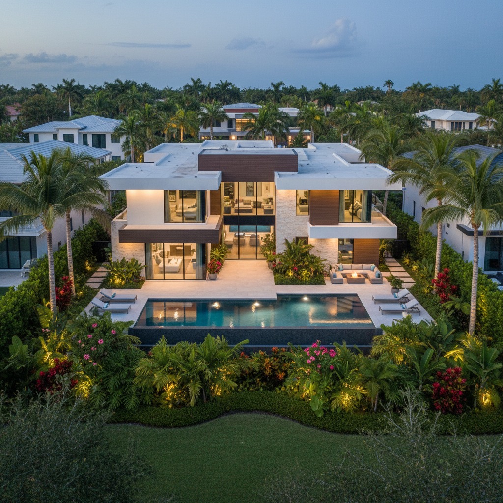 An aerial dusk view of a modern two-story luxury home with a lit swimming pool and lush tropical landscaping.